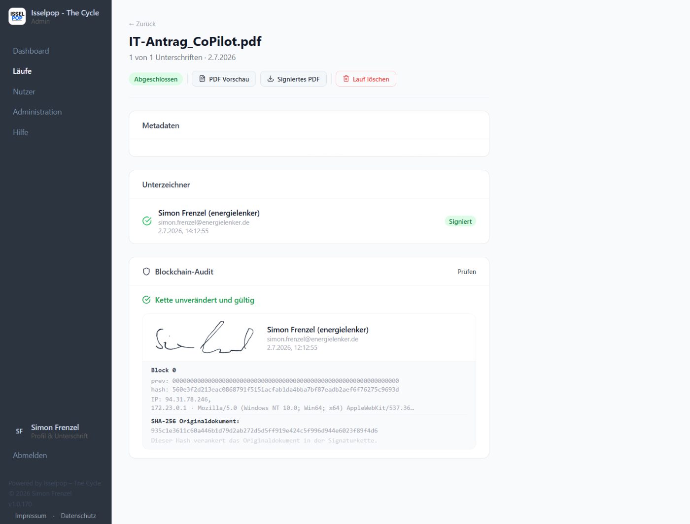 The Cycle — Lauf mit Blockchain-Audit
